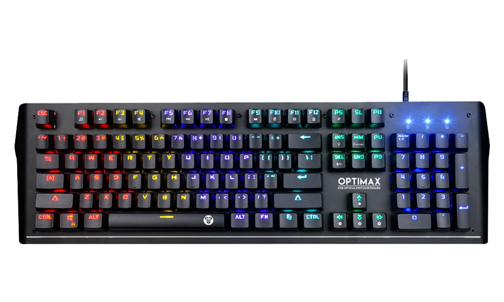 Fantech Optilite MK885 RGB gaming keyboard, with black background and colorful RGB lighting.

