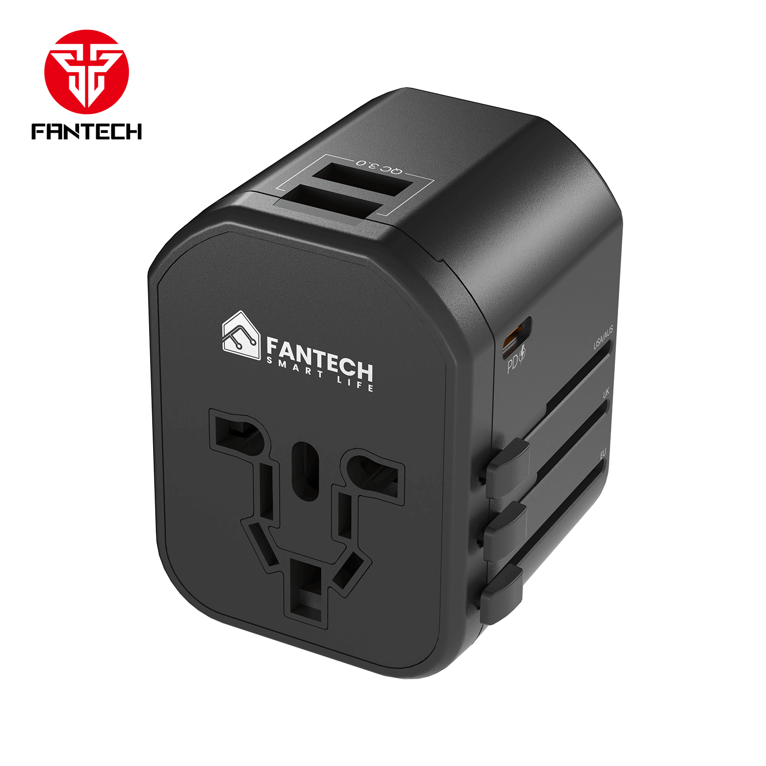 Fantech PowerCube TAC1 travel multi adapter, black, with multiple plug types.
