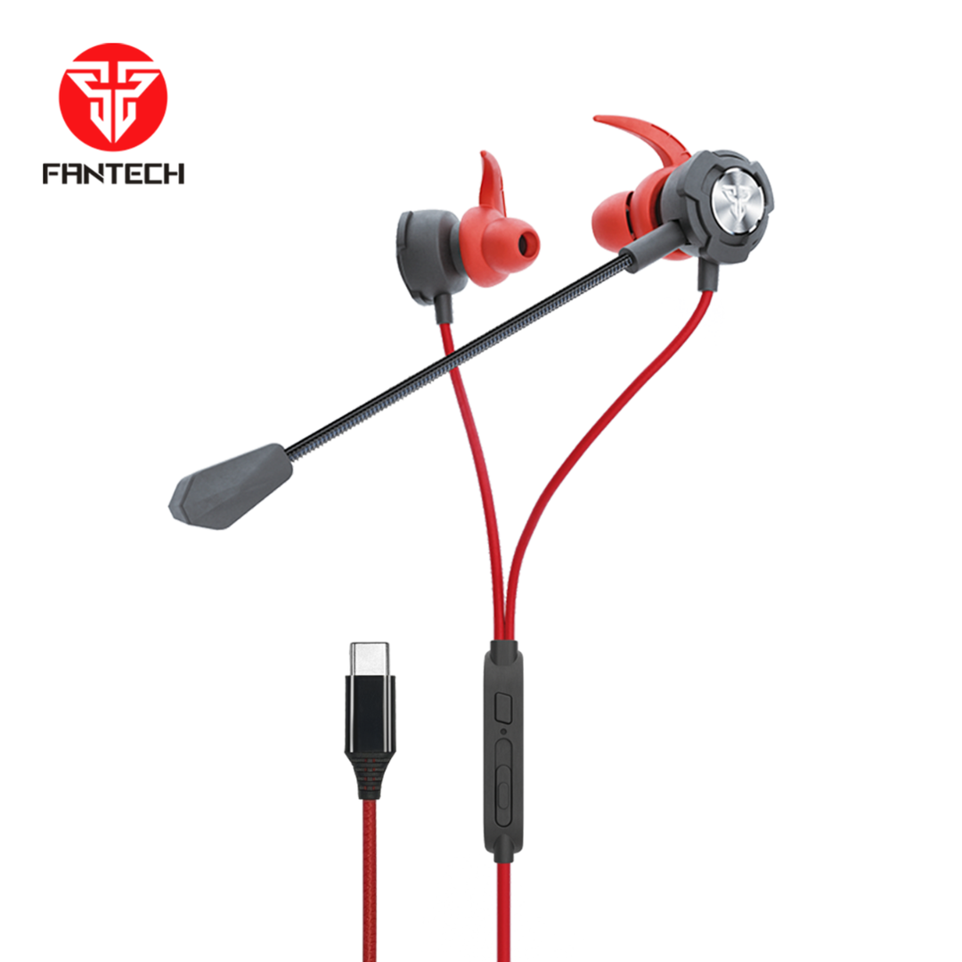Fantech SCAR II EG5 gaming earbuds, black and red, with microphone and USB-C connector.
