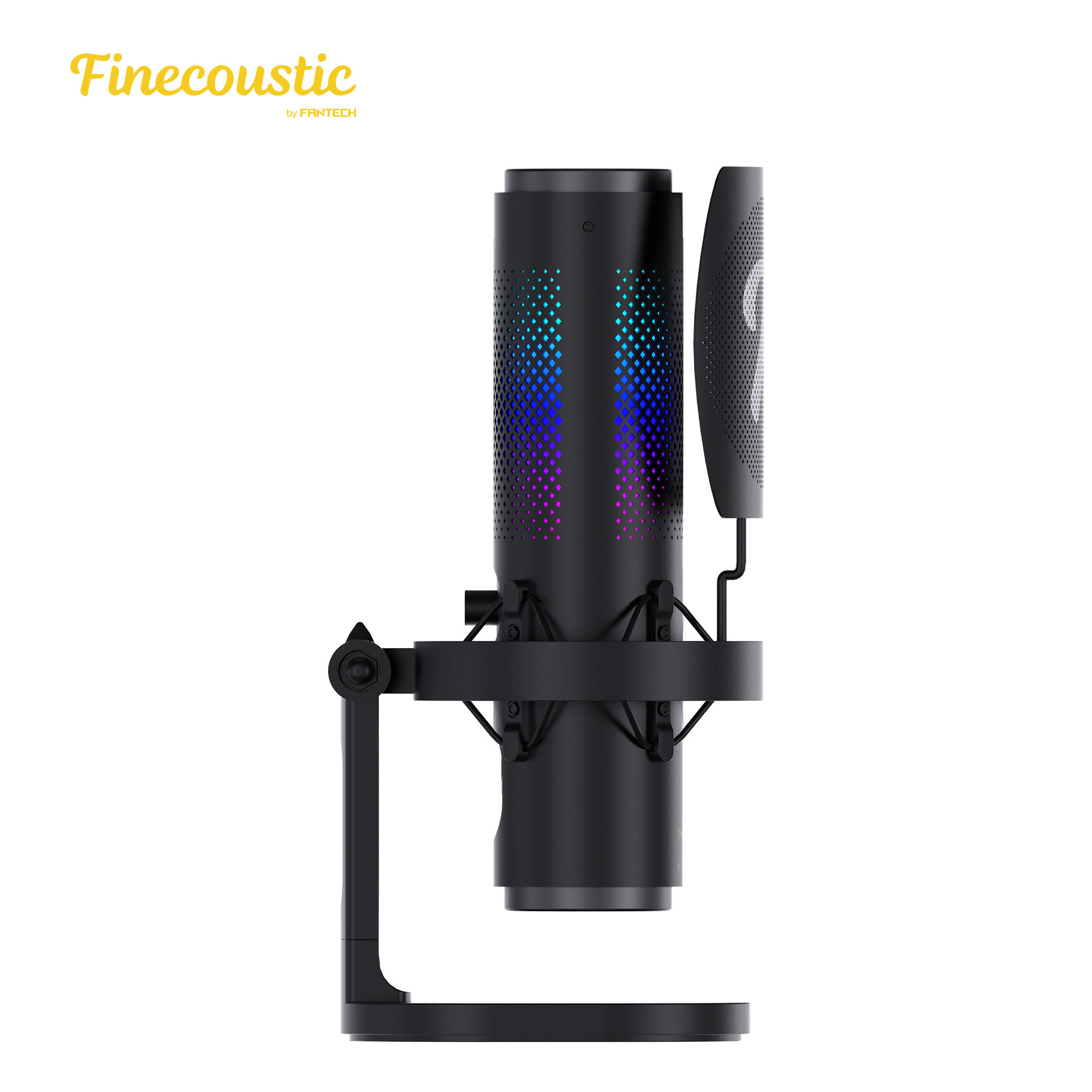 Rear side view of Fantech UFM1 Finecoustic SONARA condenser microphone with RGB lighting, shock mount system, pop filter, and adjustable desktop stand, compatible with PC and laptop via USB connection.
