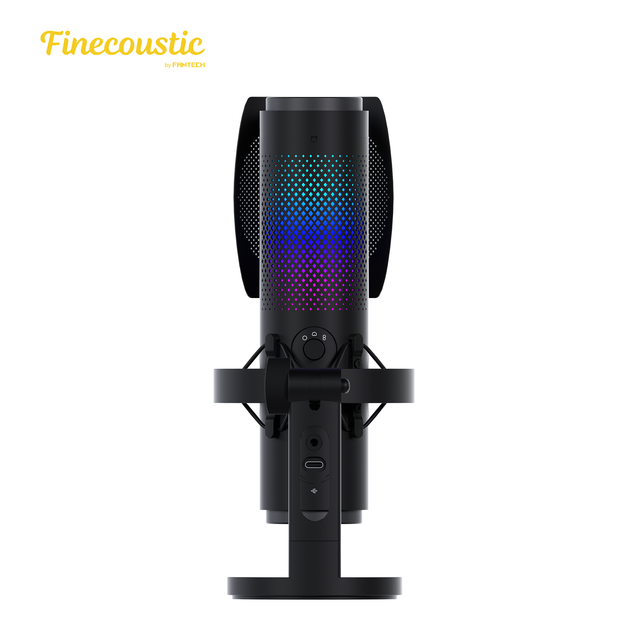 Rear view of Fantech UFM1 Finecoustic SONARA condenser microphone showing control dial, USB C port, 3.5mm audio interface, RGB lighting panel, and shock mount stand design.