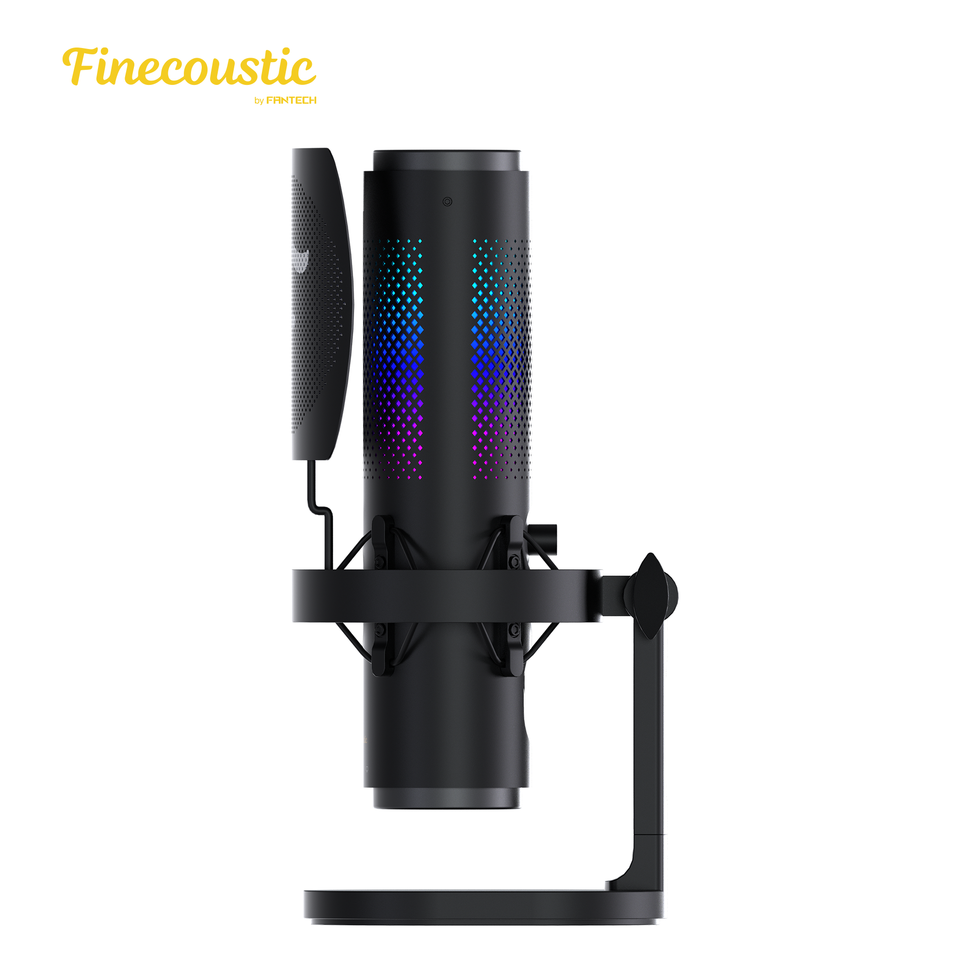 Side view of Fantech UFM1 Finecoustic SONARA condenser microphone with attached pop filter, RGB lighting panel, shock mount system, and adjustable desktop stand for streaming and recording.