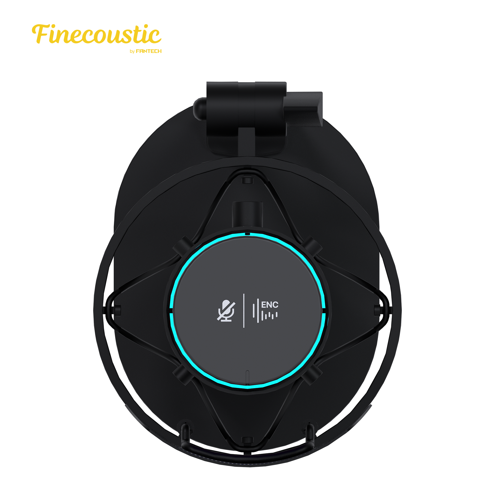 Top view of Fantech UFM1 Finecoustic SONARA condenser microphone showing touch mute button with ENC indicator and circular LED light ring integrated into the shock mount design.