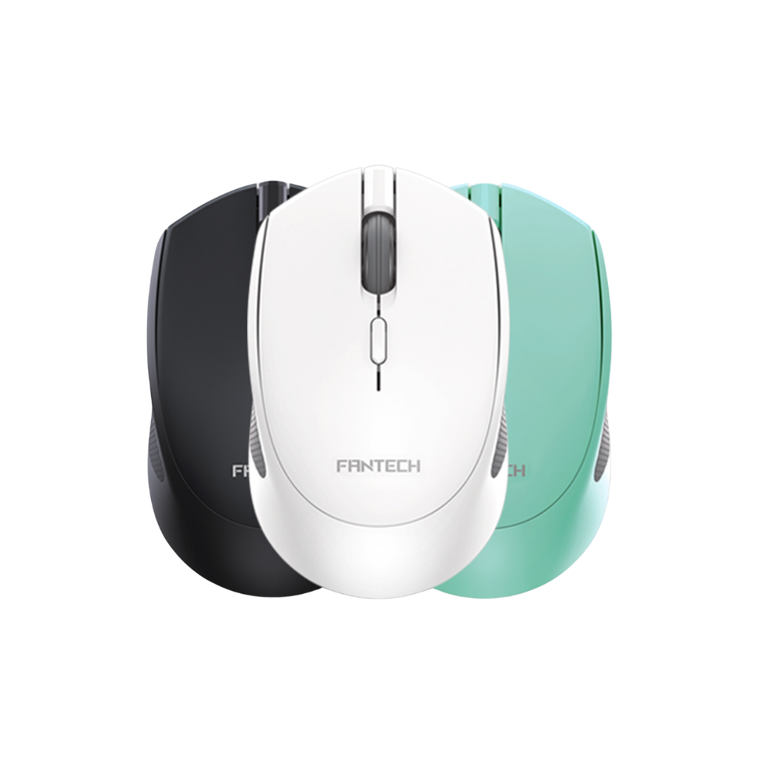 Fantech W190 Dual Mode wireless mouse in black, white, and mint.
