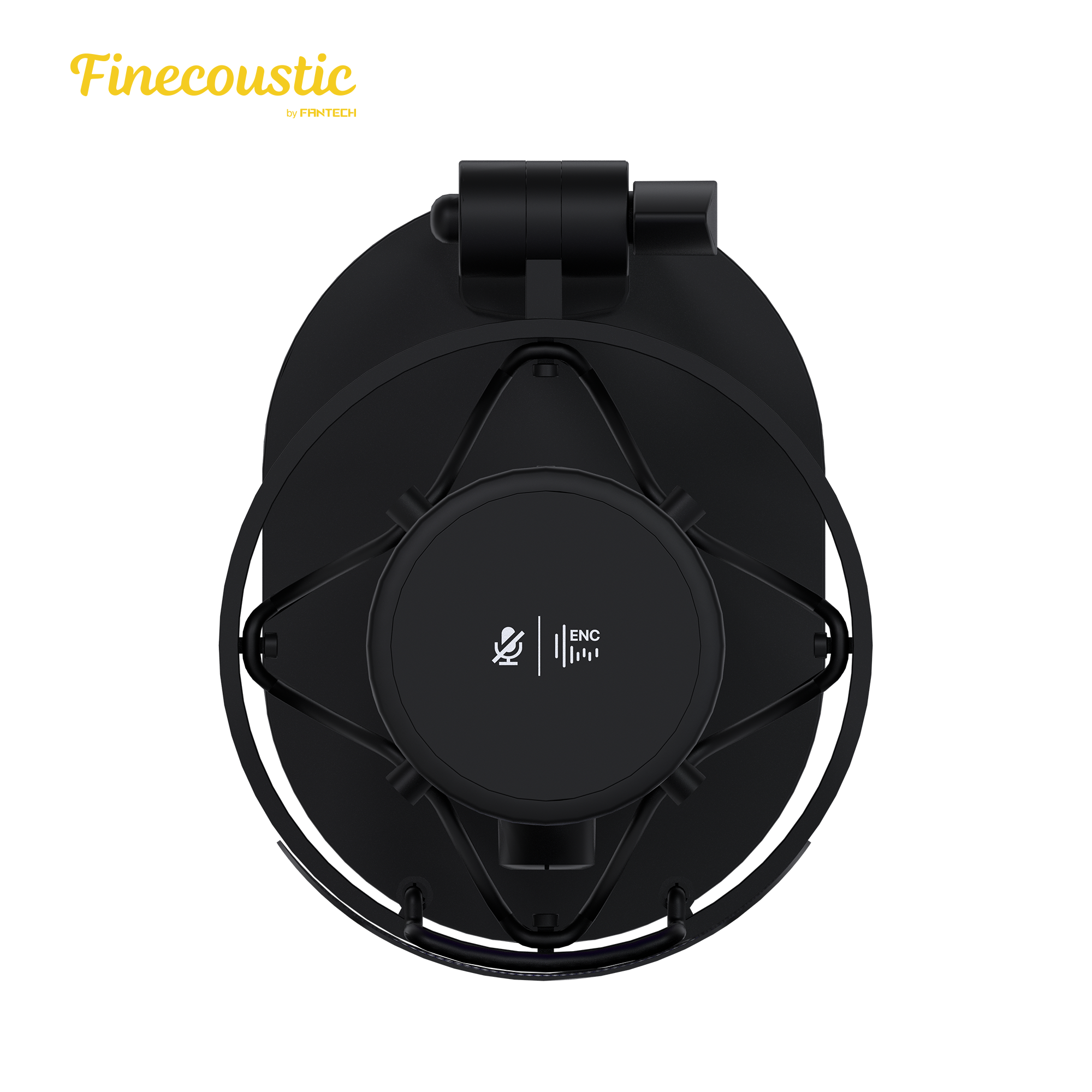 Bottom view of Fantech WFM1 Finecoustic RESONO wireless condenser microphone showing integrated shock mount structure, base hinge mechanism, and ENC mute control indicator.