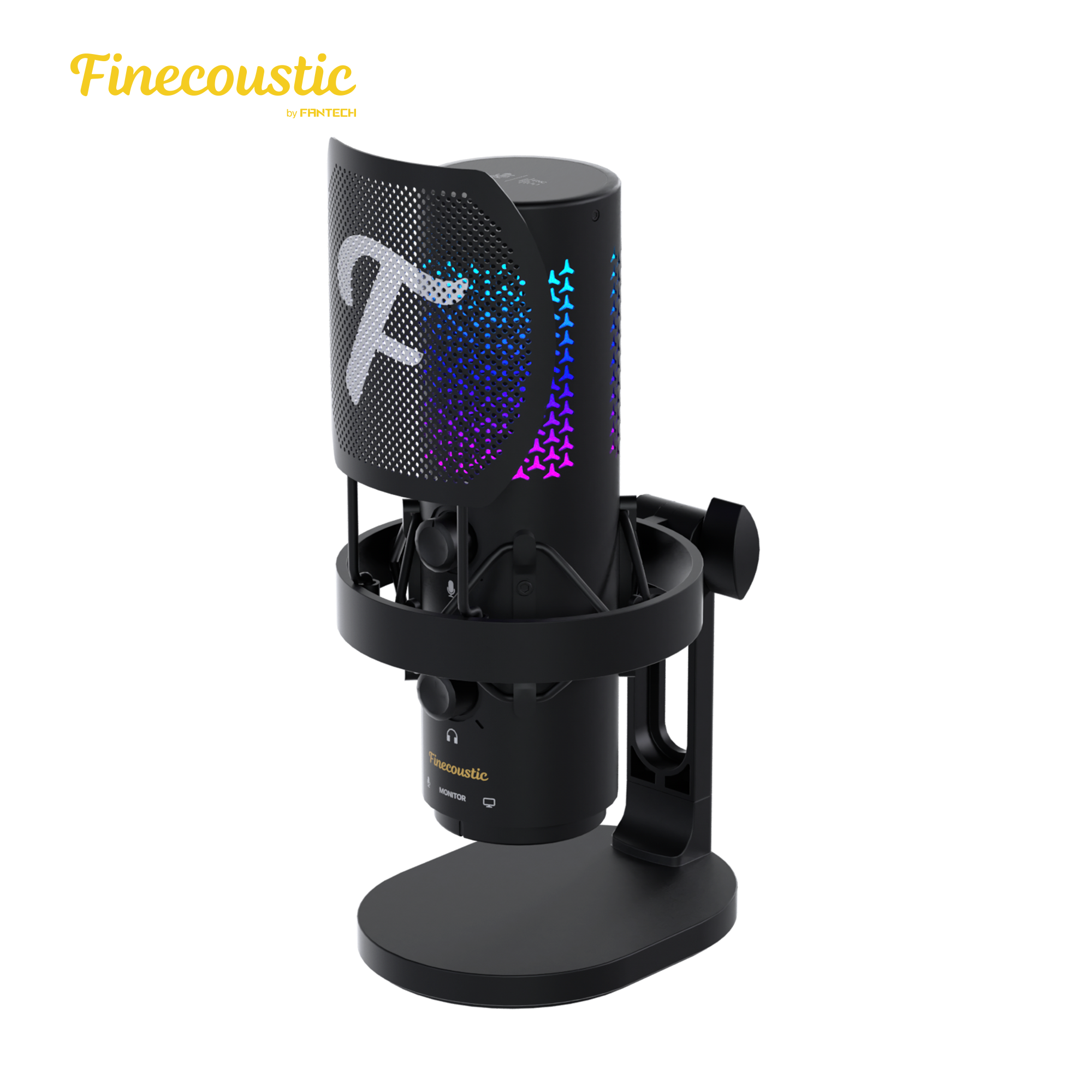 Angled view of Fantech WFM1 Finecoustic RESONO wireless condenser microphone with attached pop filter, RGB lighting effects, cardioid polar pattern, and dual 2.4GHz and USB C connectivity on desktop stand.