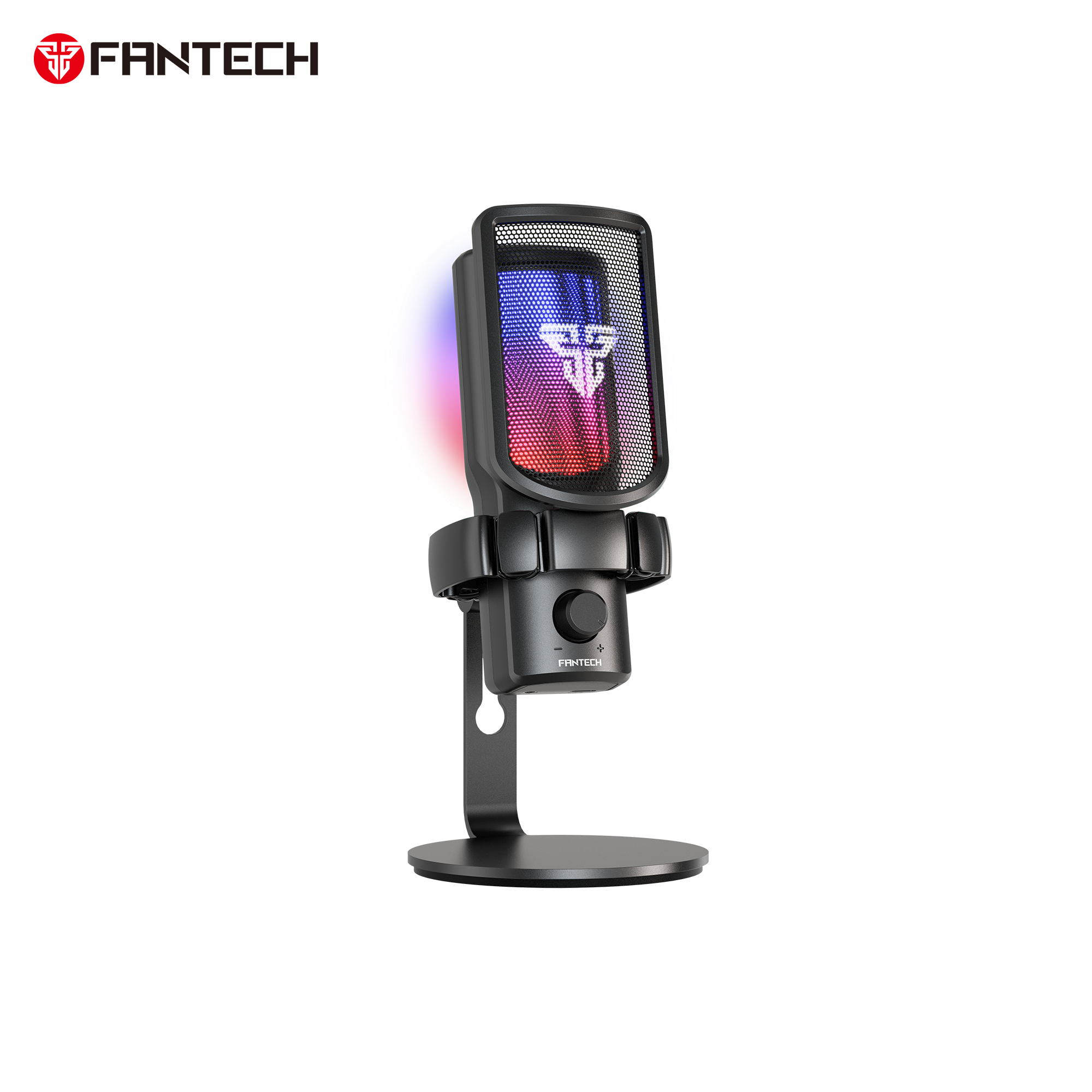 Fantech WMCX01 Leviosa Wave dual mode wireless condenser microphone in black with 2.4GHz connection, cardioid polar pattern, rainbow RGB lighting, shock mount design, and built in pop filter, front view.