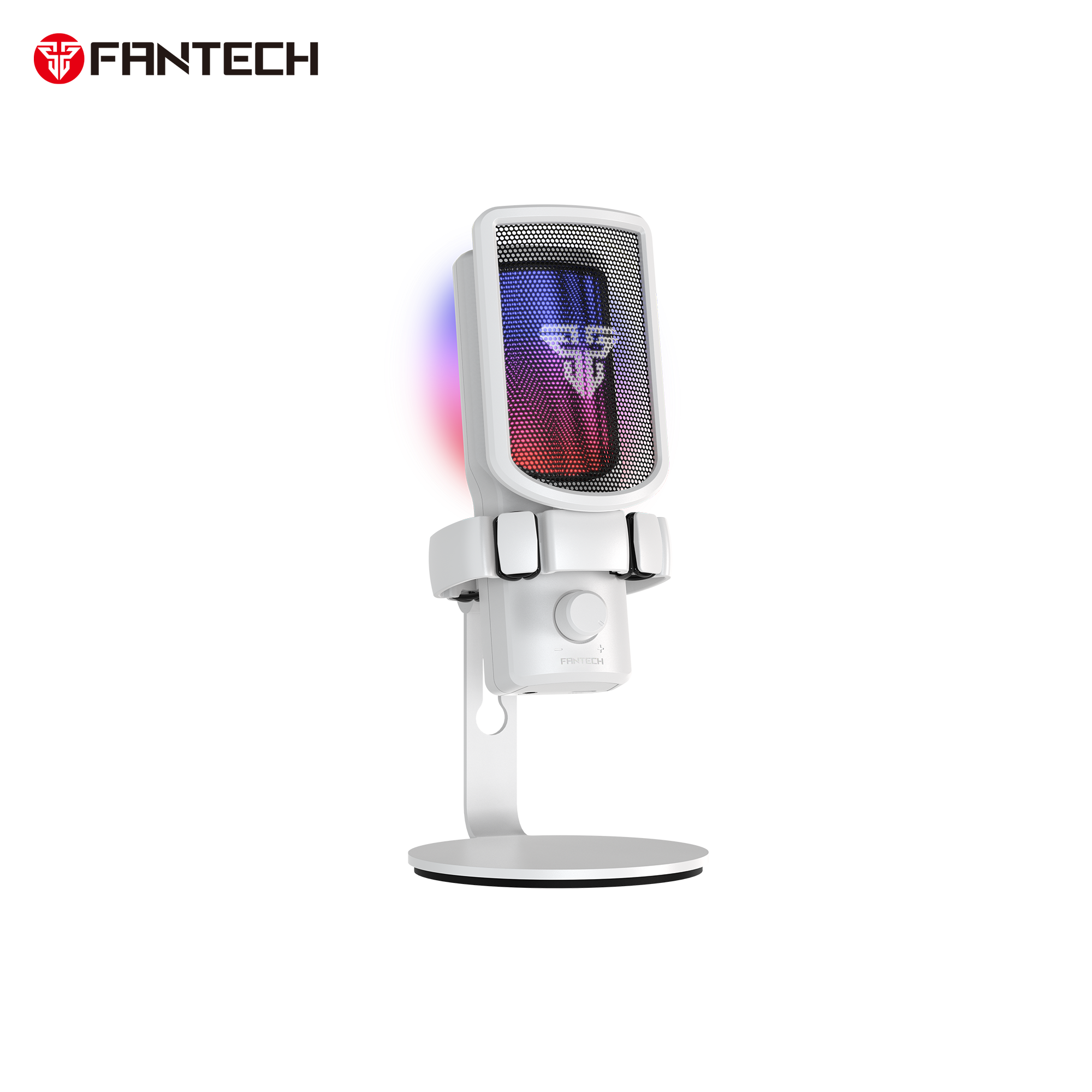 Fantech WMCX01 Leviosa Wave dual mode wireless condenser microphone in white with 2.4GHz connection, cardioid polar pattern, rainbow RGB lighting, shock mount design, and built in pop filter, front view.