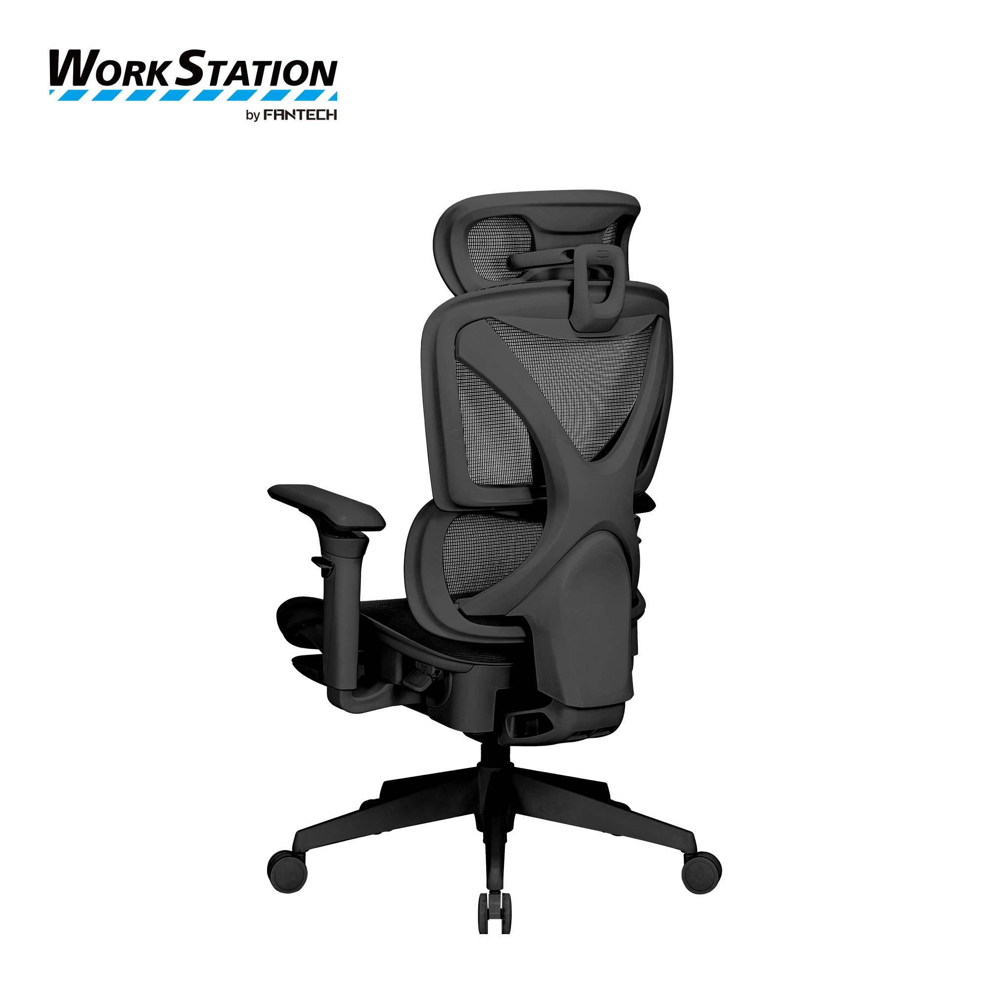 Back view of Fantech Workstation CW2 Denver executive ergonomic office chair in black featuring mesh backrest support frame, adjustable headrest, and sturdy five wheel base.