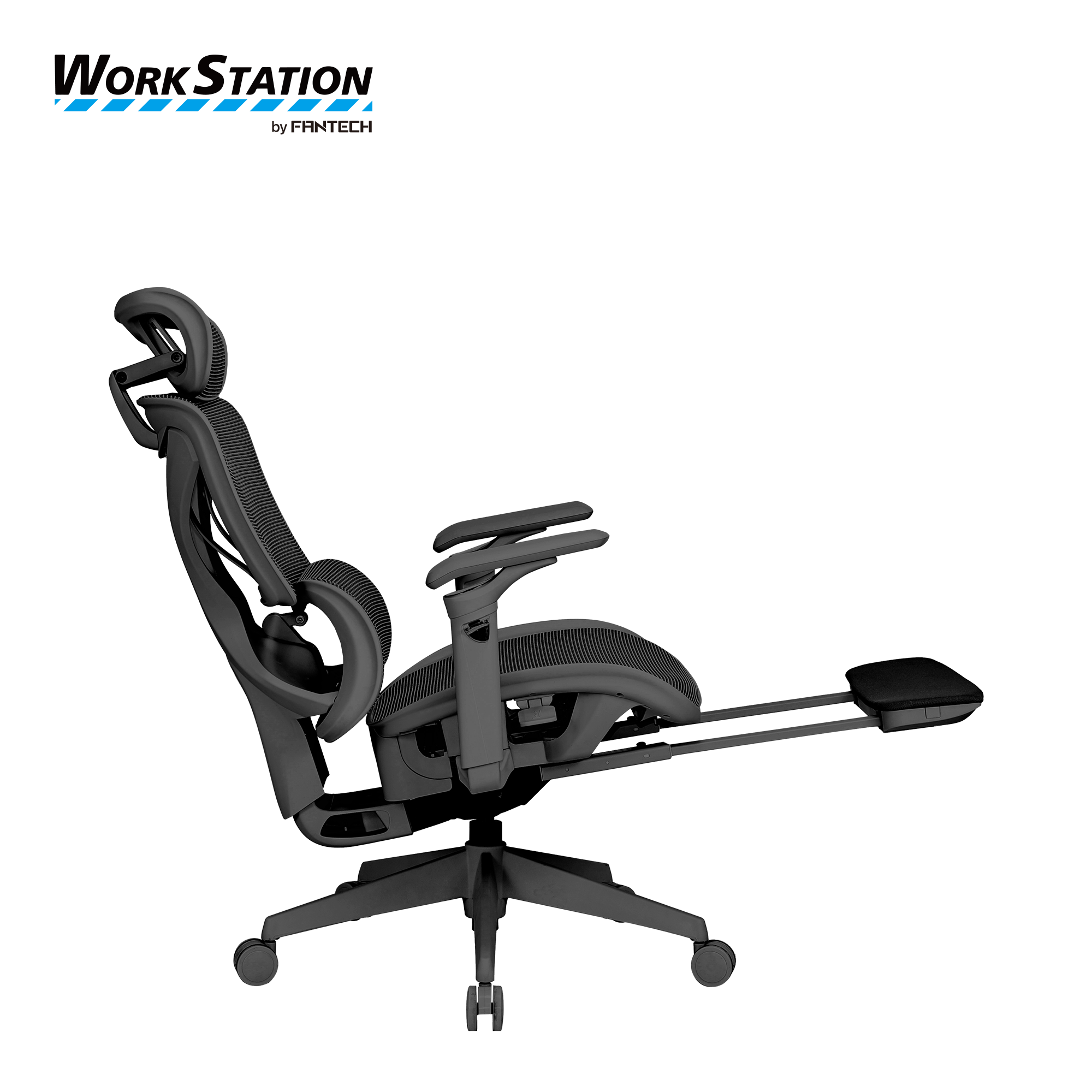 Fantech Workstation CW2 Denver executive ergonomic office chair in black shown in reclined position with extended footrest, mesh backrest, adjustable headrest, and armrests.