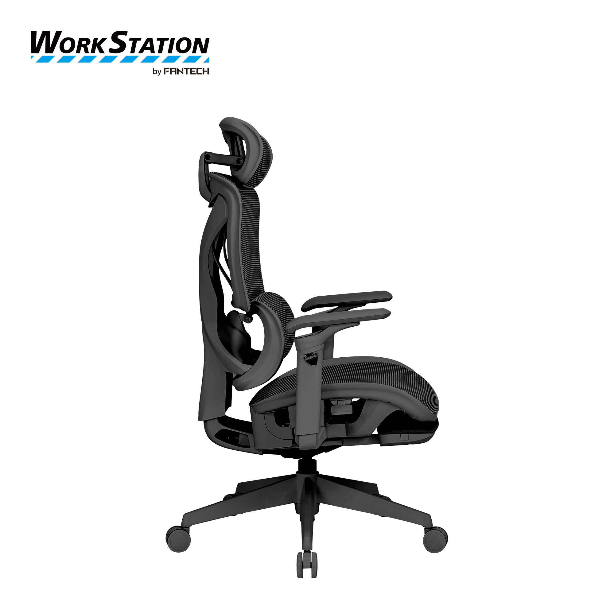 Side view of Fantech Workstation CW2 Denver executive ergonomic office chair in black with mesh backrest, adjustable headrest, armrests, and durable five wheel base.