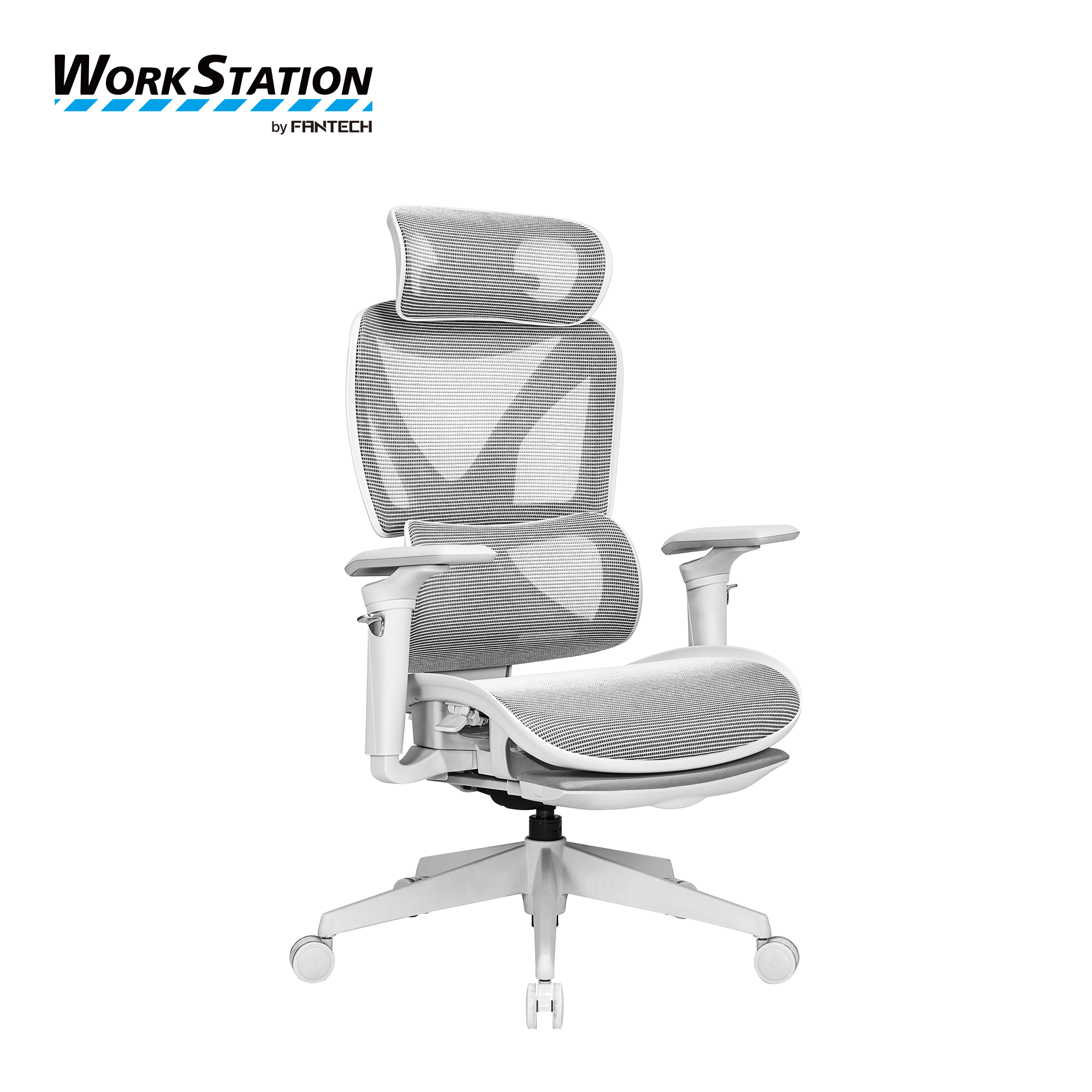 Fantech Workstation CW2 Denver executive ergonomic office chair in white with breathable mesh backrest, adjustable headrest, armrests, and five wheel base, front angled view.