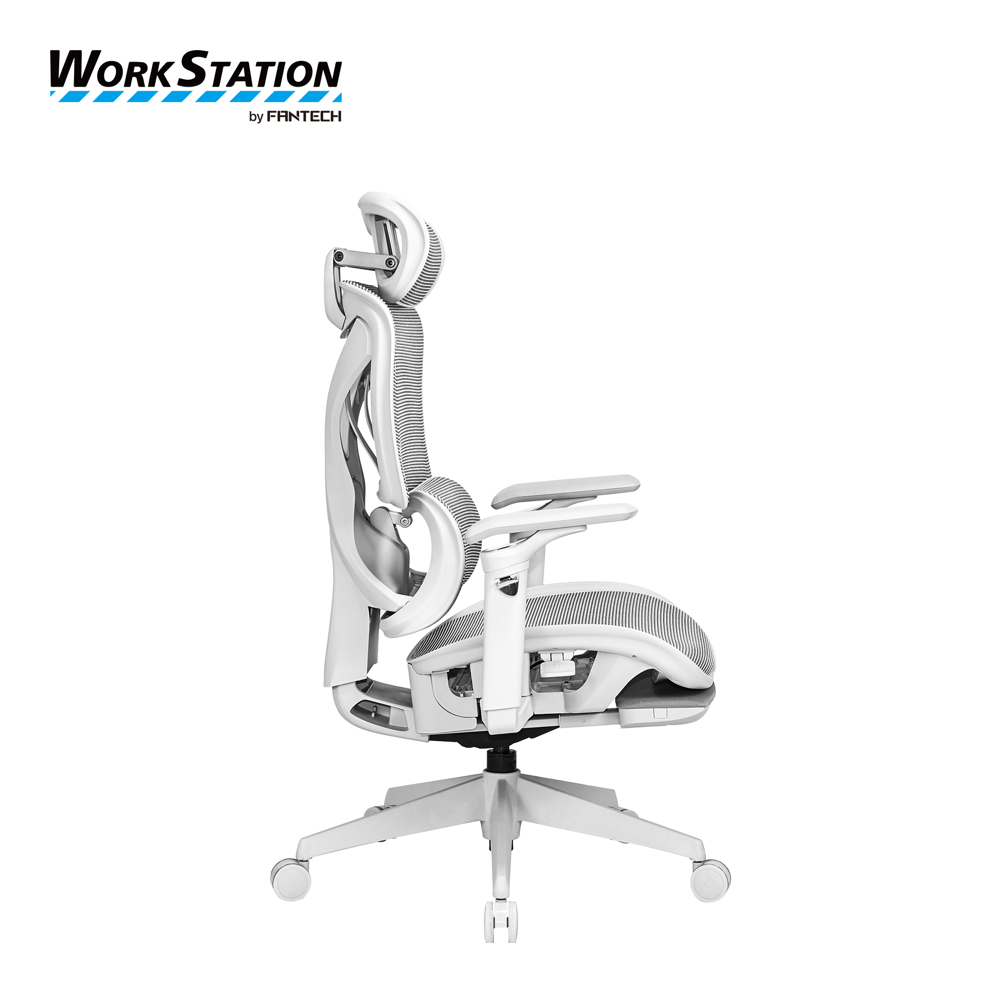 Side view of Fantech Workstation CW2 Denver executive ergonomic office chair in white with breathable mesh backrest, adjustable headrest, armrests, and five wheel base.