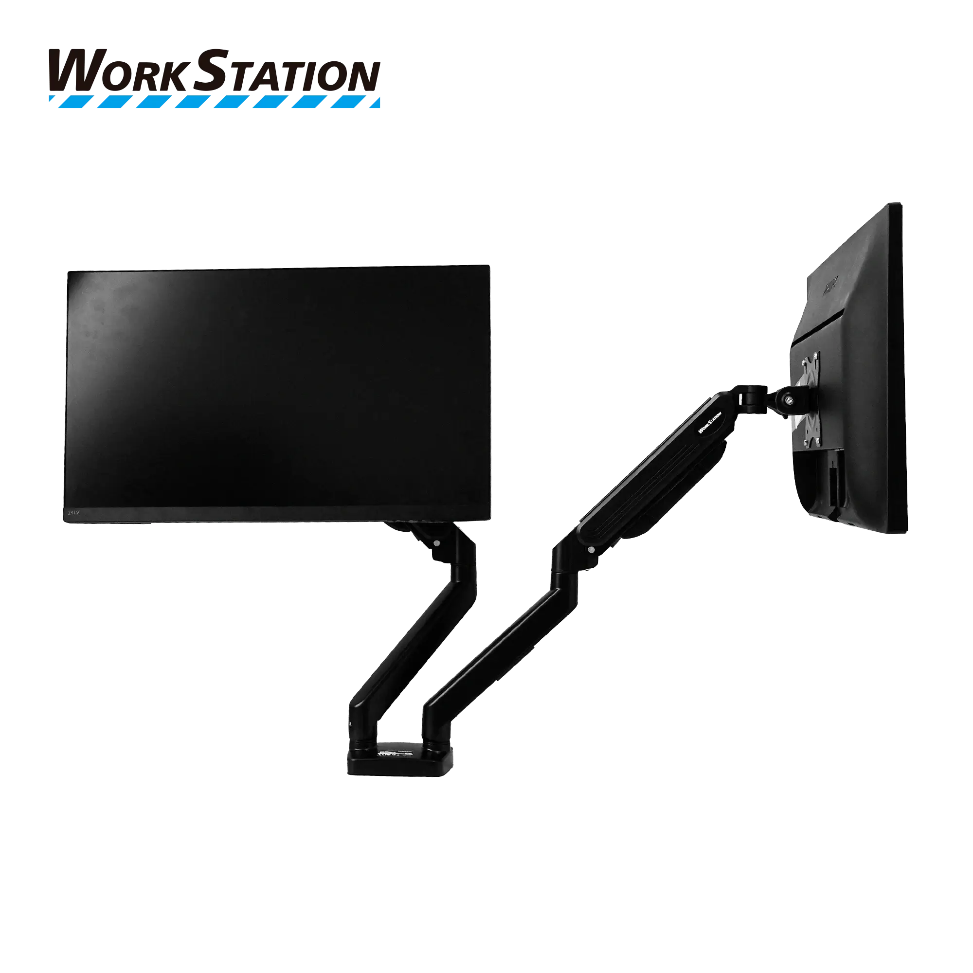 Fantech Workstation MBD1 dual arm monitor stand mounted on desk holding two monitors, featuring independent adjustable arms with built in gas piston mechanism, VESA compatibility, and flexible positioning for dual display setup.