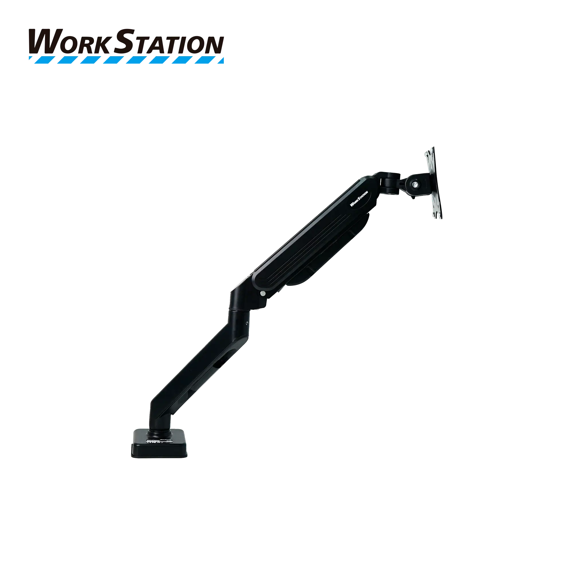 Angled view of Fantech Workstation MBS1 single arm monitor stand featuring built in gas piston mechanism, VESA 75x75 and 100x100 mm compatibility, adjustable tilt and rotation, integrated cable management, and sturdy desk clamp base.