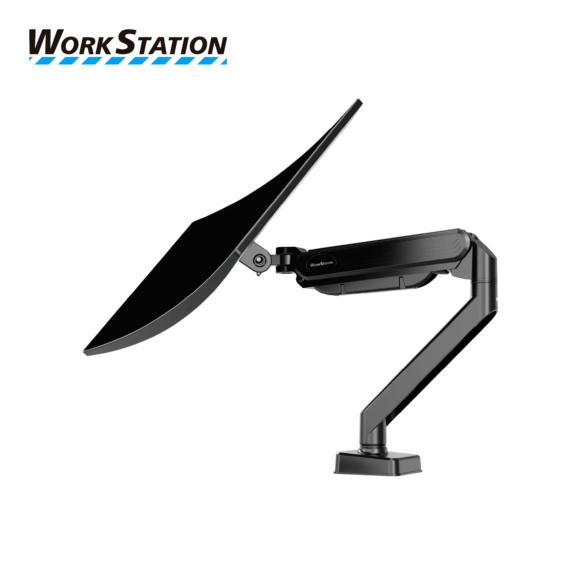 Fantech Workstation MBS1 single arm monitor stand mounted on desk holding a monitor in tilted position, featuring built in gas piston mechanism, adjustable tilt and rotation, VESA compatibility, and sturdy clamp base.
