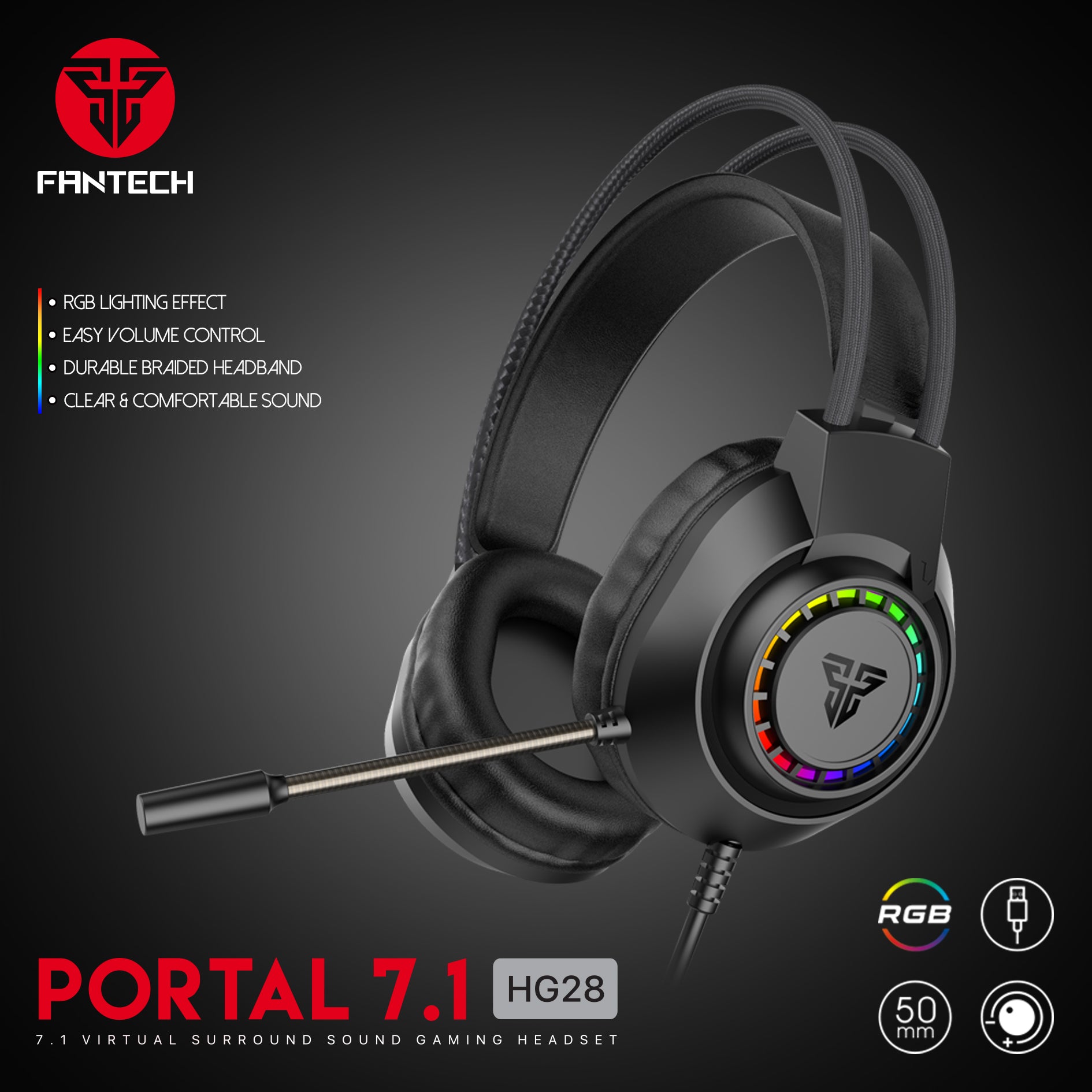 سماعات رأس الألعاب Fantech PORTAL 7.1 HG28 RGB GAMING HEADSET باللون الأسود