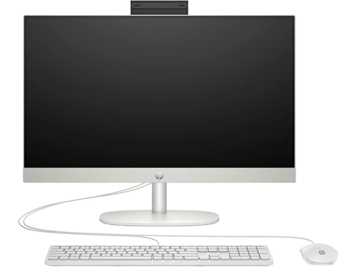 HP 24-cr0001l All-in-One computer in white, displaying the black screen, white keyboard, and white mouse, with a webcam at the top.