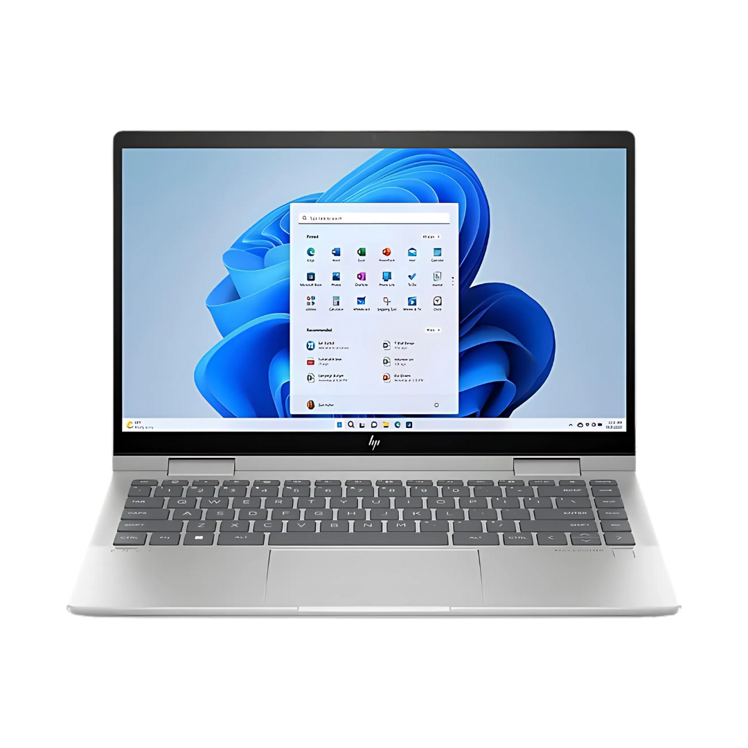 HP Envy x360 15-inch laptop, front view with Windows 11 on screen.
