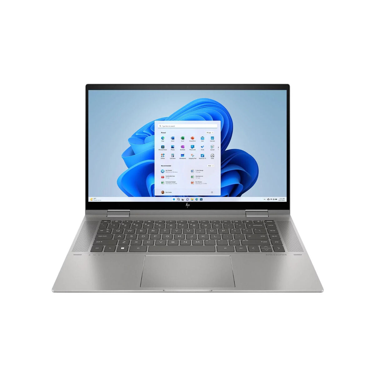 Front view of an HP Envy x360 laptop with a silver chassis and a screen showing the Windows 11 Start Menu.