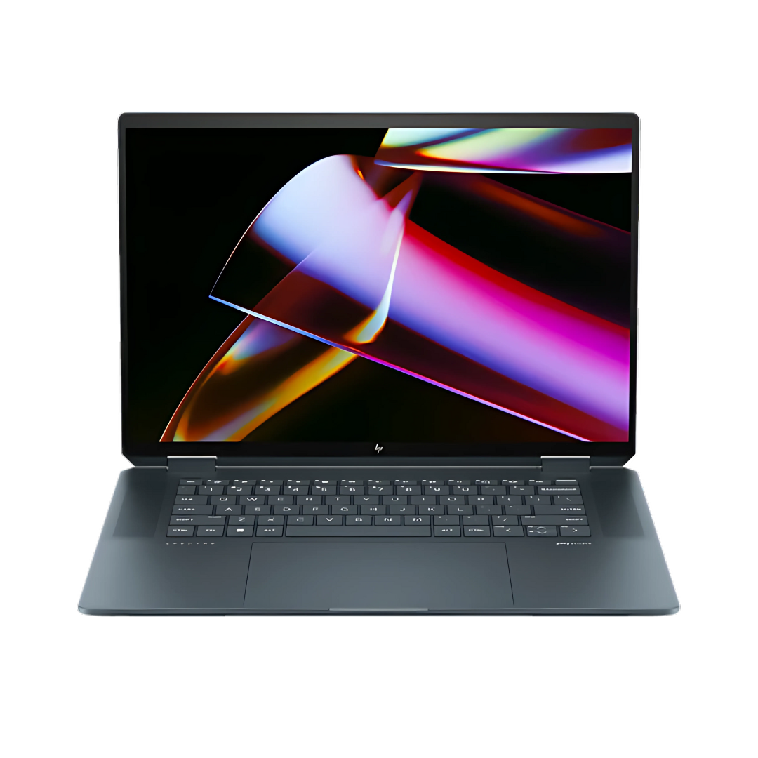 HP Spectre x360 16-inch laptop, front view with screen on.