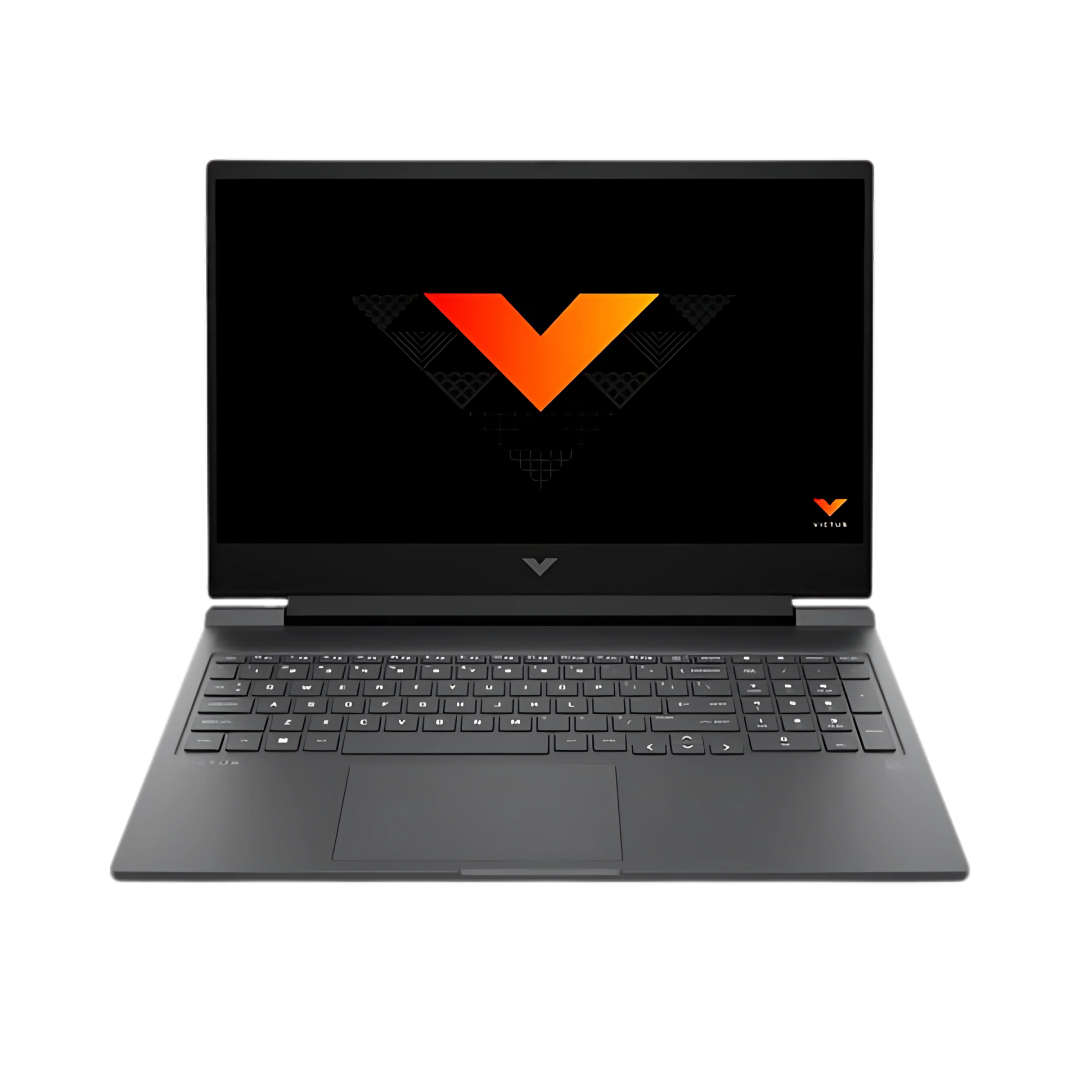 Front view of an HP Victus 16 gaming laptop with a dark gray chassis and the Victus 