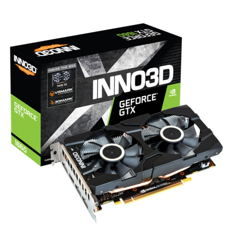 Inno3D GeForce GTX 1660 Twin X2 graphics card with box.
