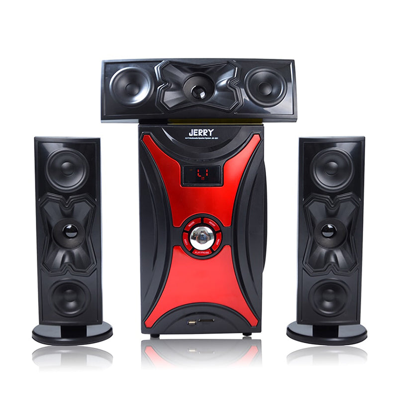 Jerry Power 3.1 channel home theater system with subwoofer and satellite speakers.