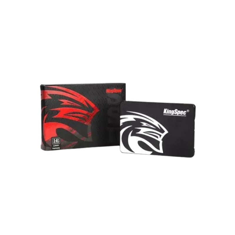 KingSpec P3 128GB SSD, front angle, showing the drive and box with the KingSpec logo and a red and black design.