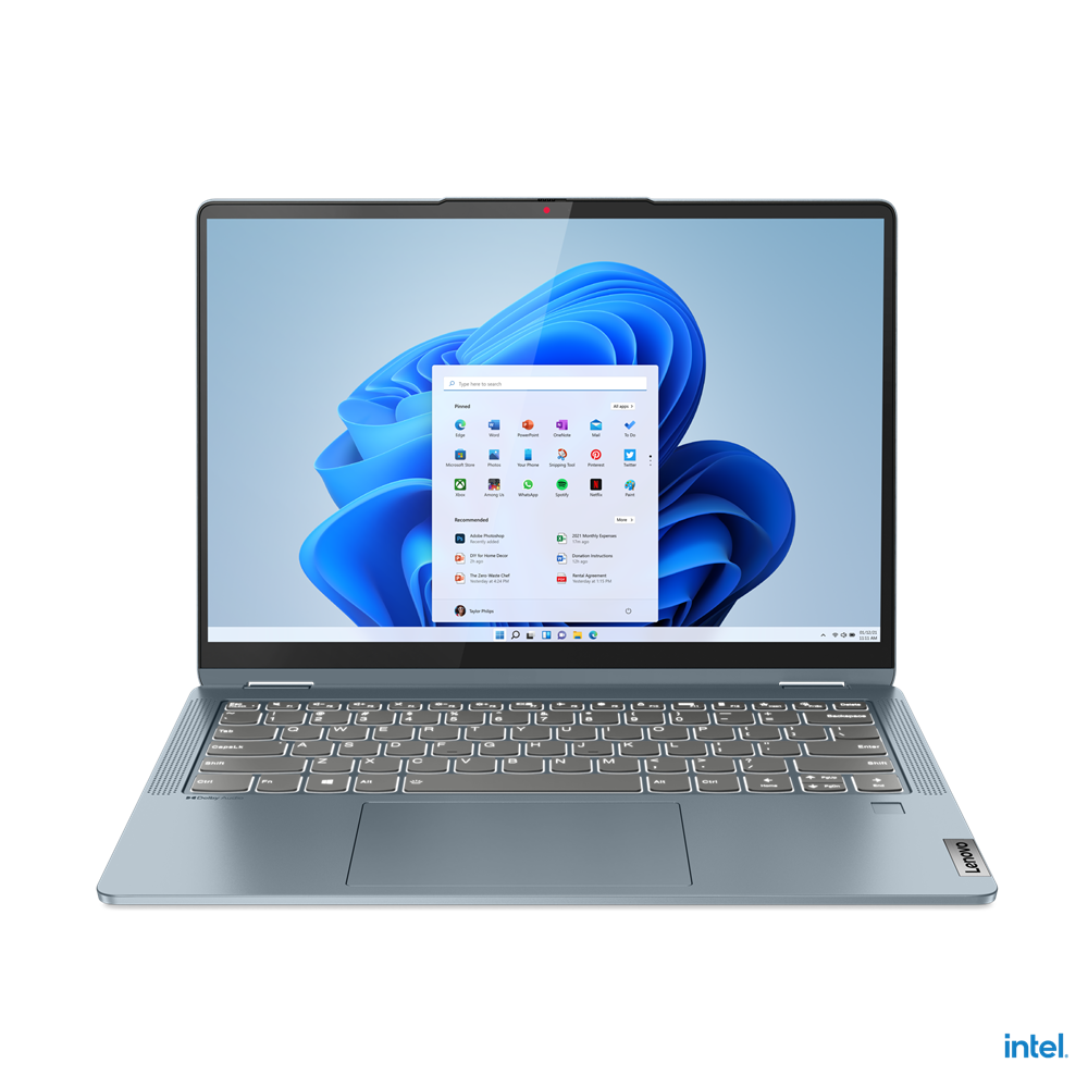 Lenovo Flex 514IAU7 laptop, front view, displaying a full keyboard, trackpad, screen with the Windows 11 Start Menu, and an Intel logo.