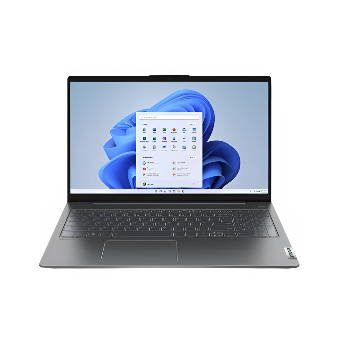 Front view of a Lenovo IdeaPad 5 laptop with a gray chassis and a screen showing the Windows 11 Start Menu.