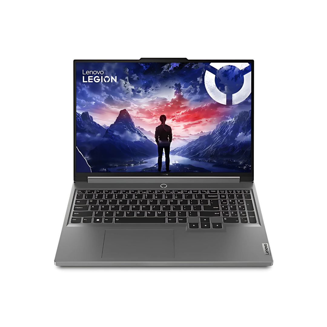  Lenovo Legion Pro 5 16IRX9 16 gaming laptop, front view, displaying a full keyboard, trackpad, and screen with a mountain landscape wallpaper.