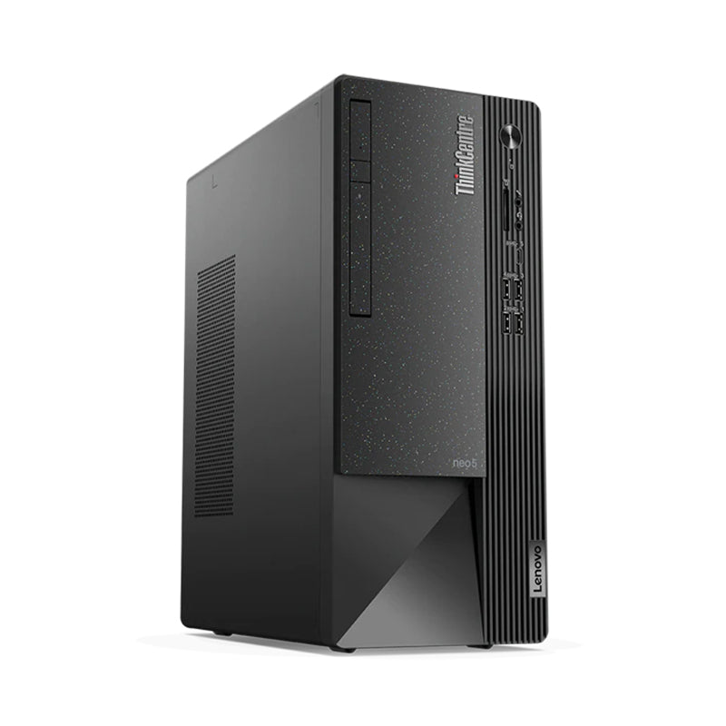 Lenovo ThinkCentre Neo 50T desktop computer, black tower.