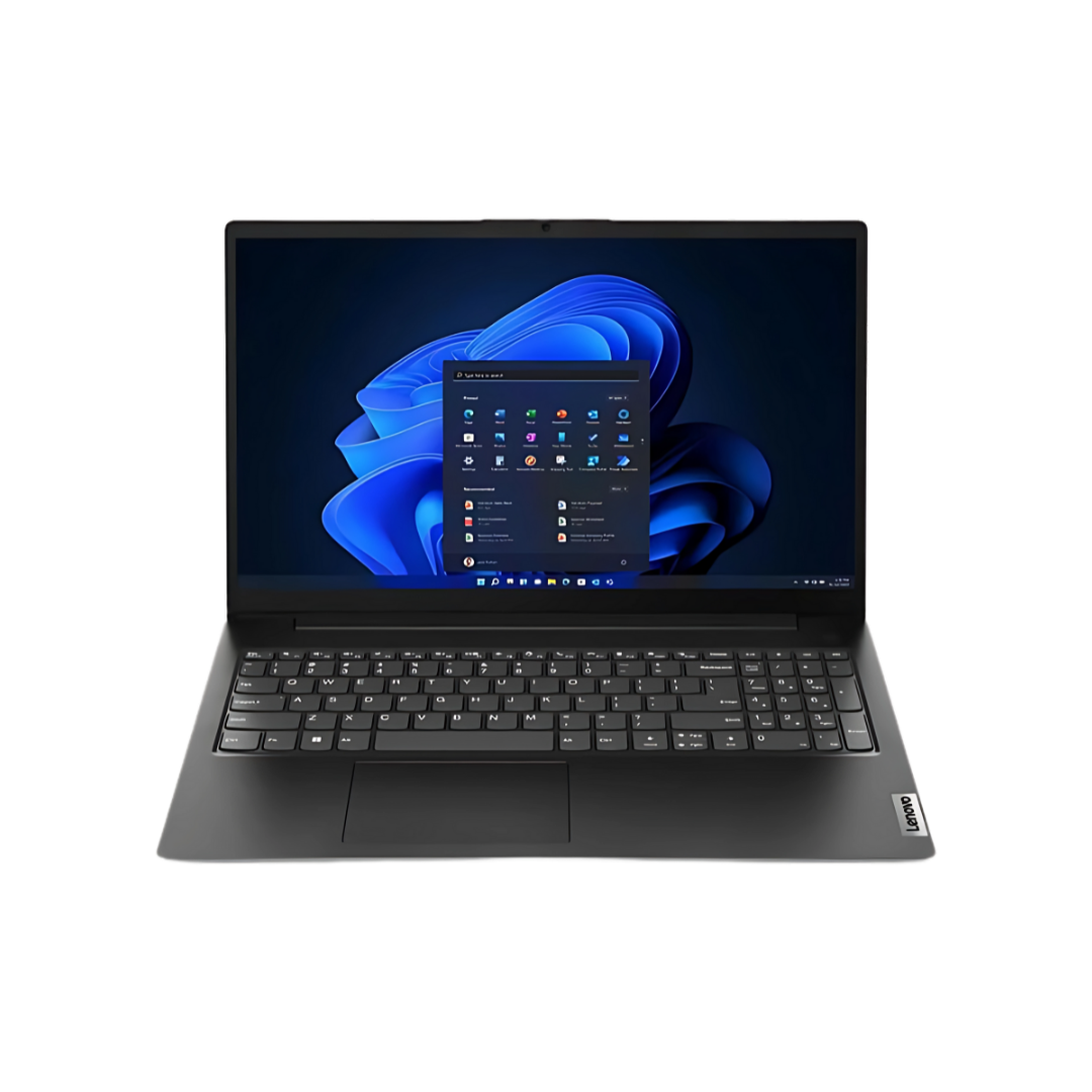 Lenovo V15 G4 AMN AMD Ryzen laptop, front view, displaying a full keyboard, trackpad, and screen with the Windows 11 Start Menu.