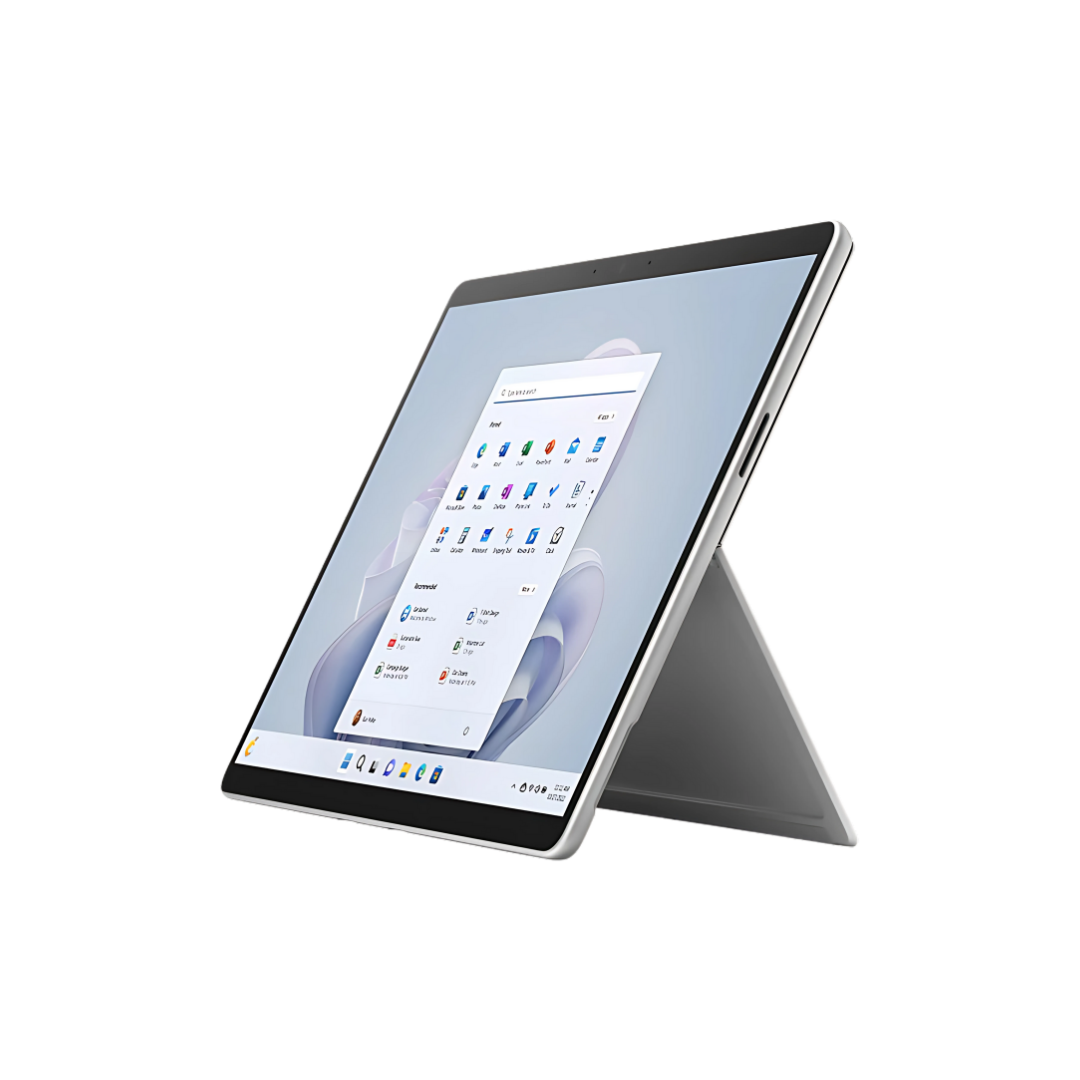 Microsoft Surface Pro 10, tablet mode with kickstand and on-screen interface.