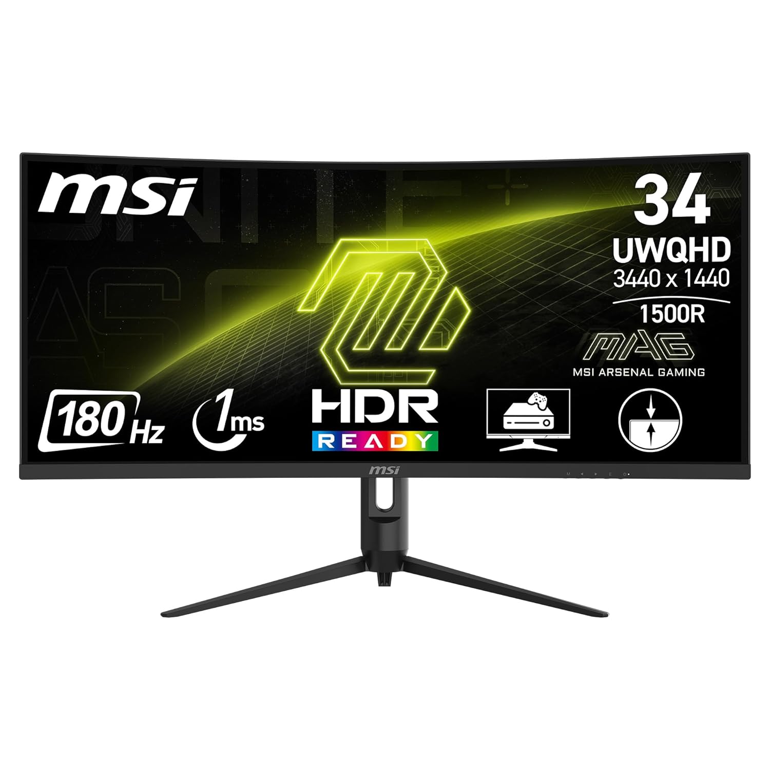 MSI MAG342CQR E2 curved gaming monitor, displaying key feature icons such as UWQHD, 180Hz, 1ms, HDR, and 1500R, with the MSI Arsenal Gaming logo.