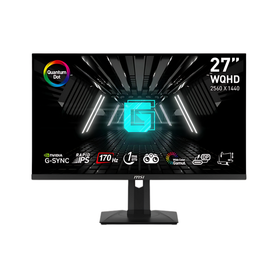 MSI G274QPX gaming monitor, displaying key feature icons such as WQHD, 170Hz, Rapid IPS, 1ms GTG, and G-SYNC, with Quantum Dot technology.