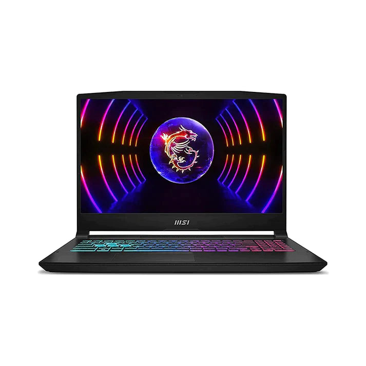MSI Katana 15 gaming laptop, front view with screen on.
