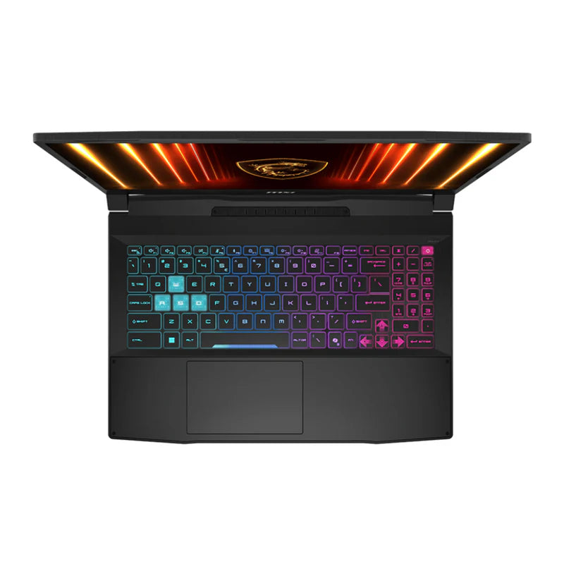 Top view of MSI Katana HX B14WGK gaming laptop in black showing RGB backlit US keyboard, large touchpad, Intel Core i7 14650HX processor, NVIDIA GeForce RTX 5070 8GB graphics, 16GB DDR5 RAM, and 1TB M.2 SSD configuration.
