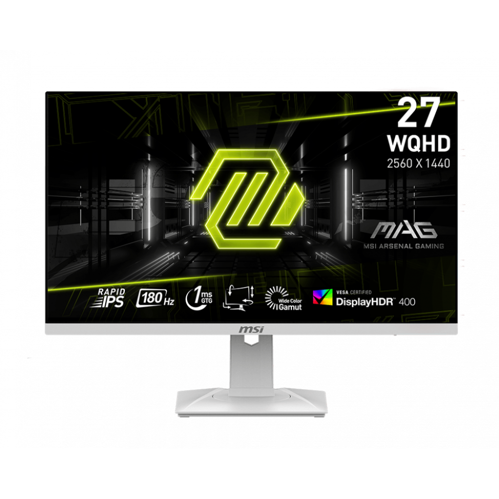 MSI MAG 274QRFW gaming monitor, displaying key feature icons such as WQHD, 180Hz, Rapid IPS, and 1ms GTG, with the MSI Arsenal Gaming logo.
