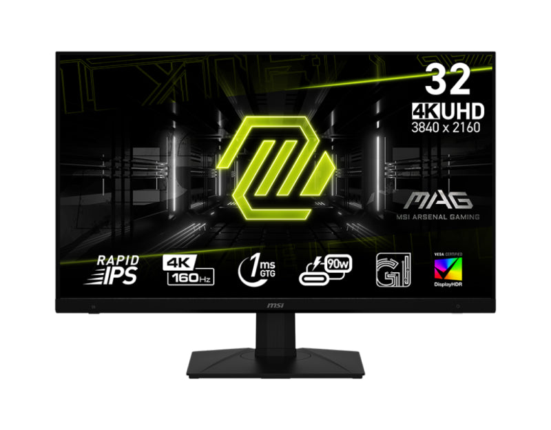 MSI MAG 322UPF gaming monitor, displaying key feature icons such as 4K UHD, 160Hz, Rapid IPS, and 1ms GTG, with the MSI Arsenal Gaming logo.