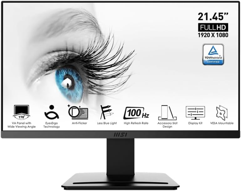 MSI Pro MP223 21 inch 100Hz monitor, Full HD, with eye care features and TÜV Rheinland certified.