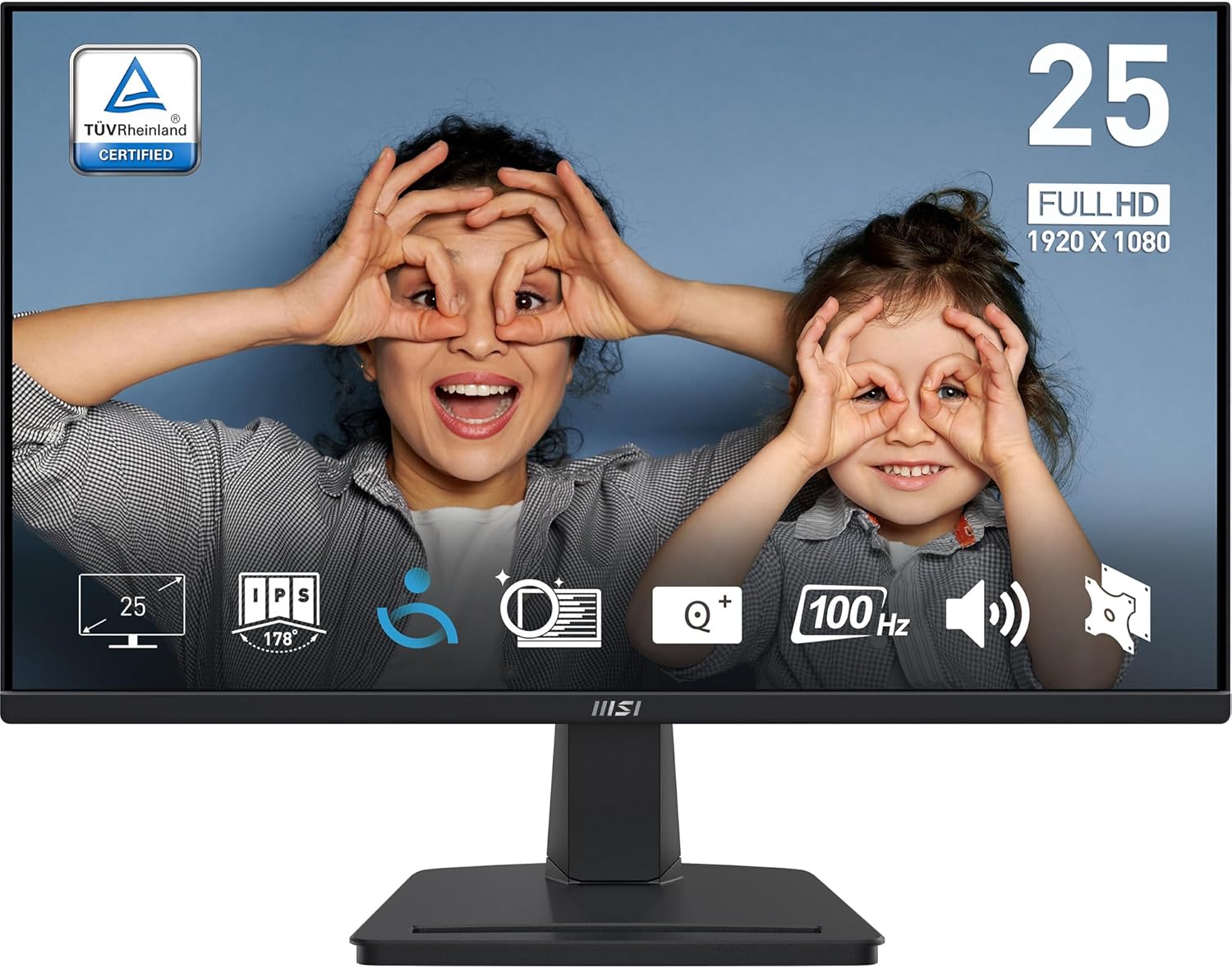 MSI Pro MP251A 25 inch 100Hz monitor, Full HD, with eye care features and TÜV Rheinland certified.