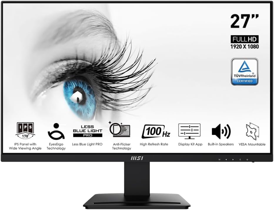 MSI Pro MP273A 27 inch 100Hz monitor, Full HD, with eye care features.