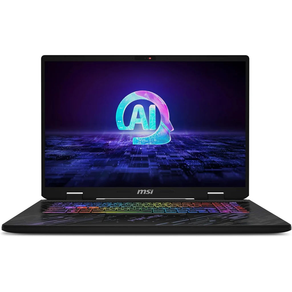 MSI Stealth 18 Mercedes-AMG Motorsport Edition laptop with RGB keyboard.
