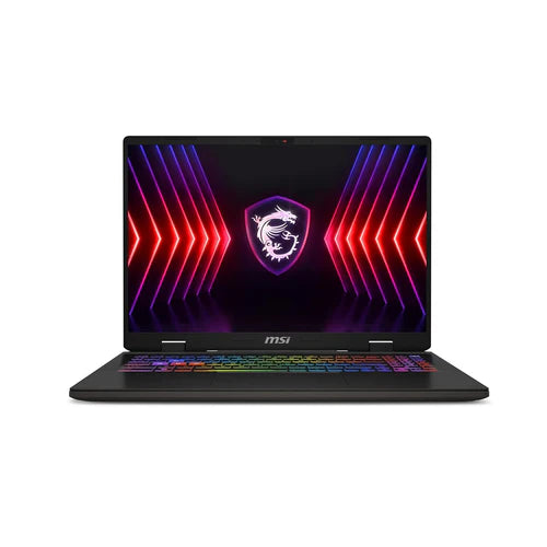 Front view of an MSI Sword 16 HX laptop with a black chassis and a screen displaying the MSI logo with RGB backlighting.