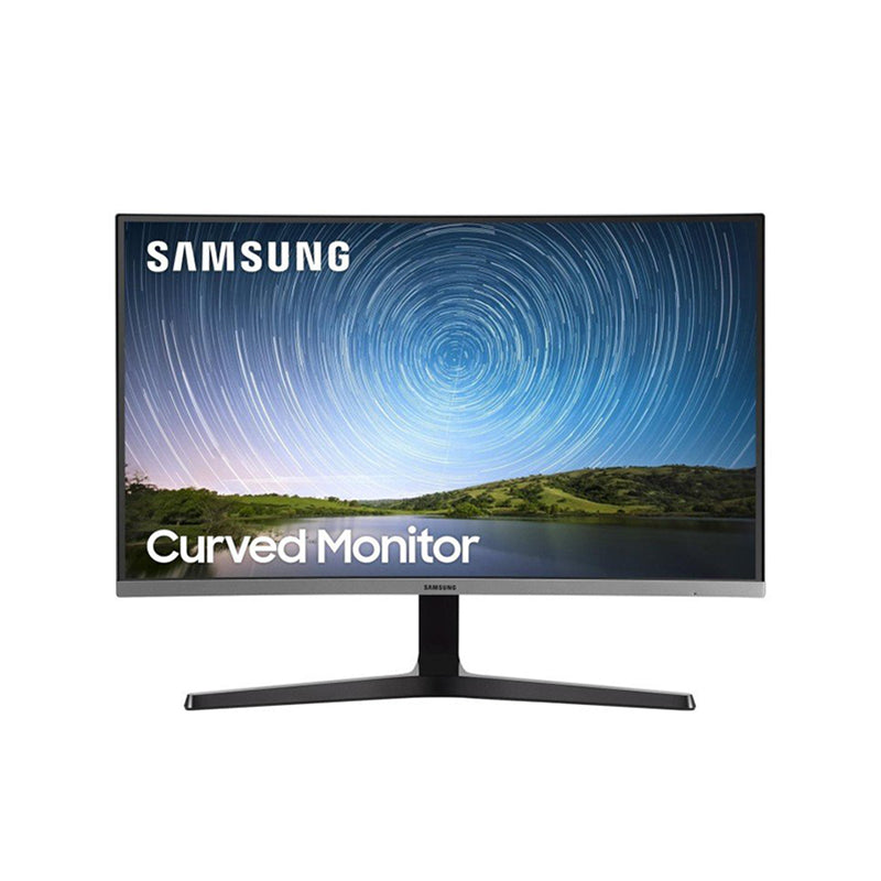 Samsung curved monitor displaying a swirling galaxy image.