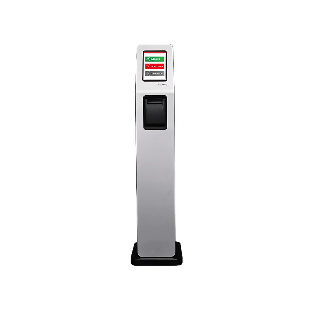 Wavetec M18 self-service kiosk, front view with screen on.