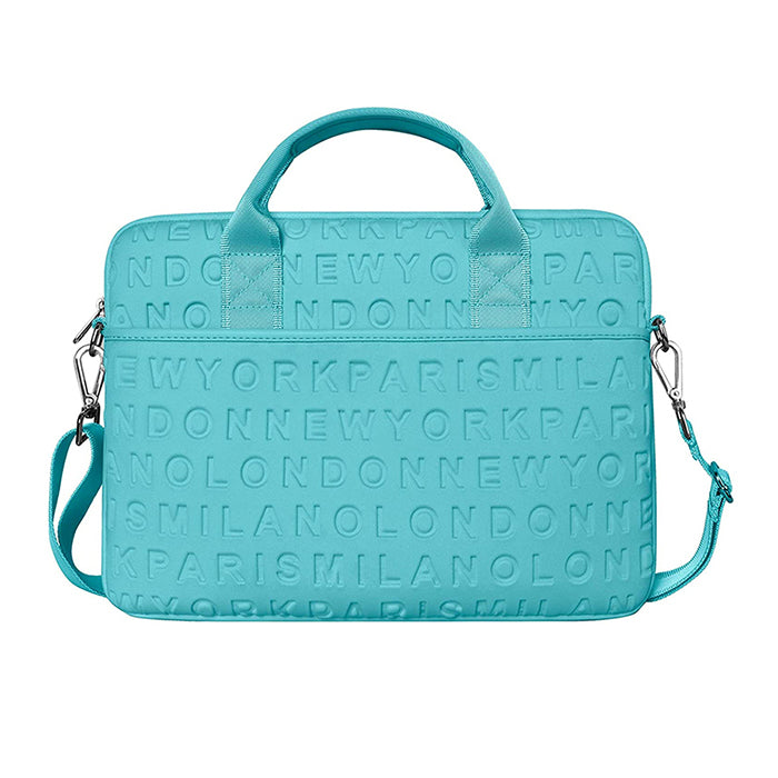 WiWU Cosmo Slim Case for MacBook 13.3, teal with embossed city names.