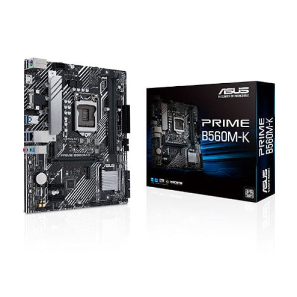 ASUS PRIME B560M-K motherboard shown with its retail box.
